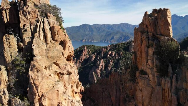 Aerial view of Calanques of Piana. Drone views in Mediterranean sea by heritage.