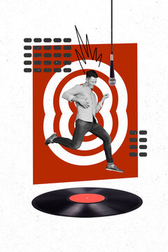 Vertical photo collage of happy guy dance retro vinyl disk wire mic sing song party melody music relax event isolated on painted background