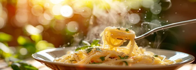 Fotobehang A plate of pasta with cheese and herbs © DJSPIDA FOTO
