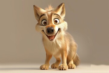 Obraz premium Cute laughing wolf cub, in animated 3d cartoon style, with big eyes, smiling, with a happy expression on his face