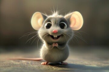 Cute laughing mouse, in animated 3d cartoon style, bunny with big eyes, smiling, with a happy expression