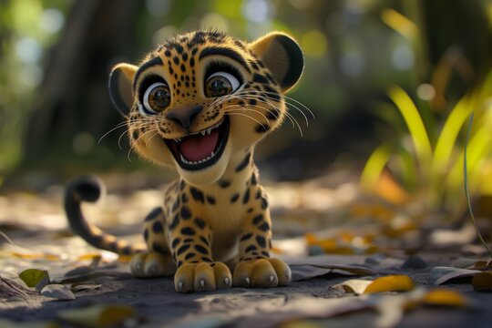Cute laughing leopard, in animated 3d cartoon style, with big eyes, smiling, with a happy expression on his face