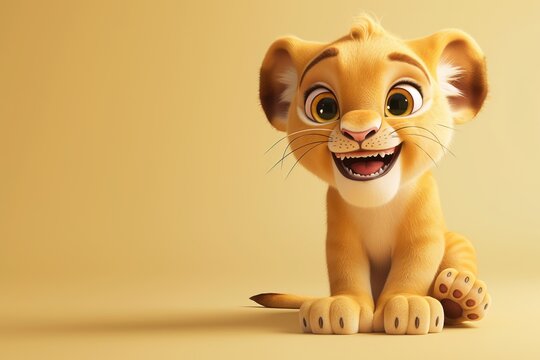 Cute laughing lion cub, in animated 3d cartoon style, with big eyes, smiling, with a happy expression on his face