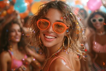 A smiling young woman wearing orange sunglasses is the centerpiece of this fun, confetti-filled party scene