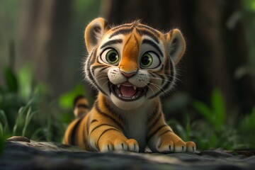 Cute laughing tiger cub, in animated 3d cartoon style, with big eyes, smiling, with a happy expression on his face