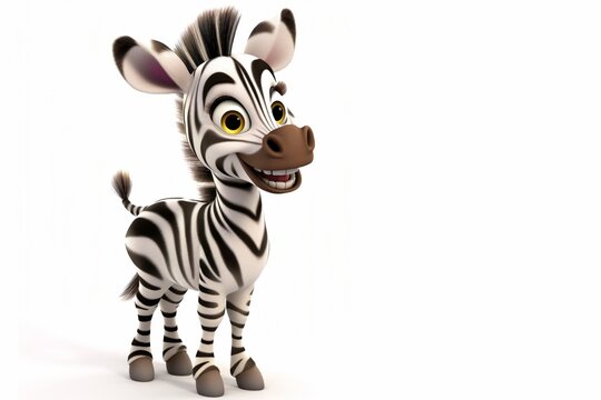 Cute laughing zebra, in animated 3d cartoon style, with big eyes, smiling, with a happy expression on a white background
