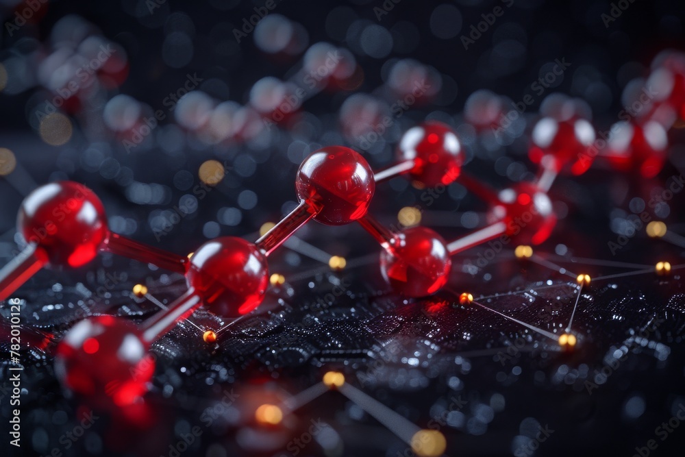 Poster a sophisticated 3d rendering of interconnected red and white molecules representing a complex nanote