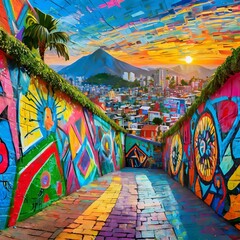 a wall covered in vibrant graffiti paintings, with a kaleidoscope of colors and designs that command attention. The graffiti serves as a visual feast for the eyes, inviting viewers to immerse themselv - obrazy, fototapety, plakaty