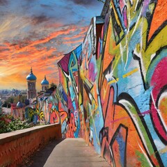 graffiti on the wall.a wall covered in vibrant graffiti paintings, with a kaleidoscope of colors and designs that command attention. The graffiti serves as a visual feast for the eyes, inviting viewer