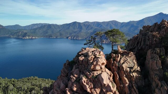 Aerial view of Calanques of Piana. Drone views in Mediterranean sea by heritage.