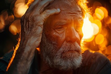 An elderly man contemplates as the orange hue of the setting sun gently caresses his skin and beard - obrazy, fototapety, plakaty