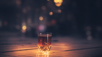 Sparkling soft drink glass with bokeh light bar background, night time. - obrazy, fototapety, plakaty