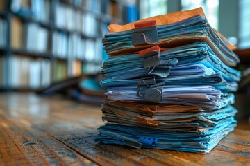 A detailed shot of neatly organized piles of multi-colored files and folders on an office desk