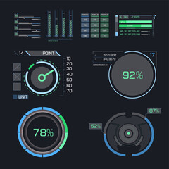 Futuristic user interface elements arrow, button, frame. 
Holographic elements of the hud user interface. Panels, hologram window or display
