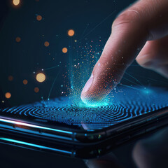 Person’s finger makes contact with a cell phone screen unlocking a smartphone with the touch of fingerprint. Biometric modern fingerprint technology - obrazy, fototapety, plakaty