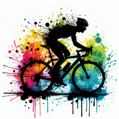 silhouette of cyclist riding splash colorful paint