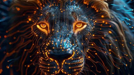This stunning image captures the essence of a lion with a digital twist, featuring glowing circuit patterns overlaying the regal creature's face, symbolizing the merge of nature and technology.