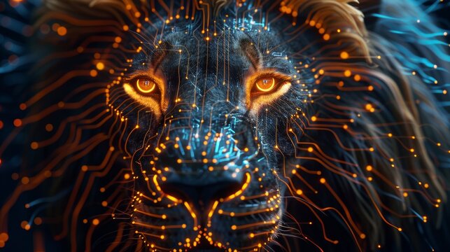 This stunning image captures the essence of a lion with a digital twist, featuring glowing circuit patterns overlaying the regal creature's face, symbolizing the merge of nature and technology.