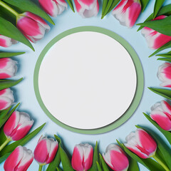 Spring concept with tulips forming circular frame and copy space on blue background. Mother's Day - 782011708