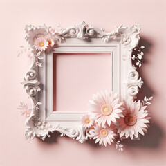 Vintage white ornate frame with pink floral accents pink background. Mother's Day card, copy space - 782011748