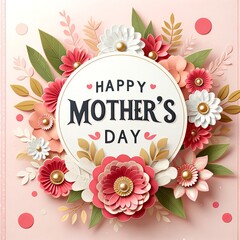 Happy Mother's Day elegant card design with 3D paper flowers and circular frame on pink background. - 782011978