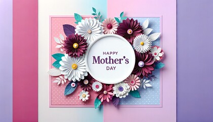 Happy Mother's Day crafted paper floral arrangement in circular frame with pastel background - 782012151