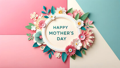 Happy Mother's Day crafted paper floral arrangement in circular frame with pastel background - 782012182