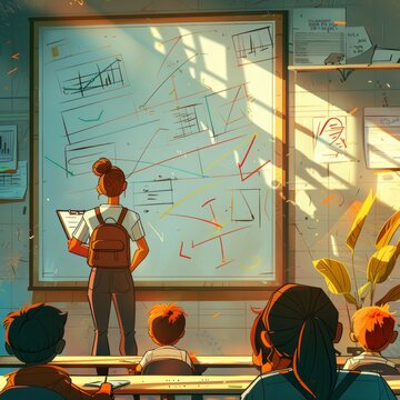 An animated classroom scene at sunset with a teacher instructing engaged students, illustrated in warm tones with educational charts in the background.