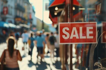 A for sale sign in a storefront window and people on a summer street in the background