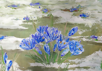 Oil painting of a field with flowers and blue paint