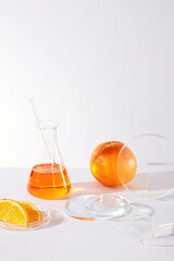Front view of orange pieces and erlenmeyer on white minimal background. Blank podium for presenting product of orange extract, vitamin C and nutrients for effective skin care.