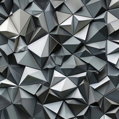 Wide angle view of a monochrome 3D polygonal surface, creating a modern mosaic of geometric shapes in black, gray, and white shades. 