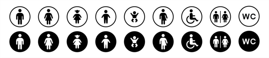 WC icons set. Toilet symbol. Man and woman signs, Male or female restroom WC signs, mother with baby and handicapped vector illustration.