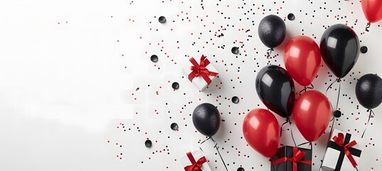Red and black balloons and gift boxes and confetti on a white background. Banner for birthday, holiday, celebration.