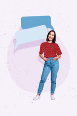 Vertical photo collage of happy smile girl stand text box communication speak monologue bubble...