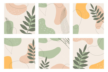 Set of six vector square backgrounds with abstract shapes and tropical leaves.Collection of modern art design for wall decoration,postcard,poster or brochure.