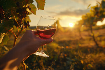 en train de déguster du vin rouge dans un vignoble
