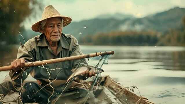 Elderly male fisher in uniform in boat taking caught fish out of net during traditional fishing
