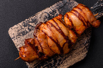 Delicious kebab of chicken or pork meat with salt, spices and herbs