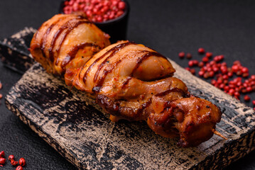 Delicious kebab of chicken or pork meat with salt, spices and herbs