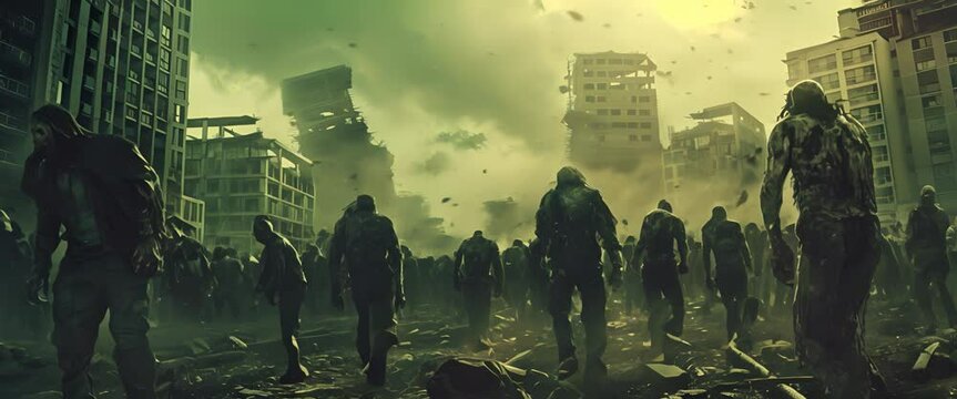 Horde of zombies dead walking in a destroyed city after infection with virus and end of the world of the alive people