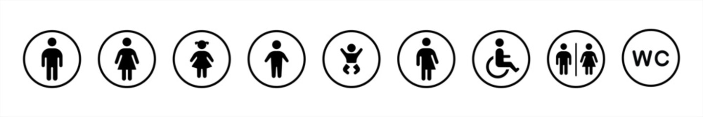Toilet icon set. man and woman symbol, Male or female restroom WC signs, mother with baby and handicapped vector illustration.
