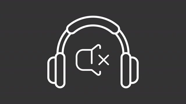 Noise earmuffs white line animation. Noise reduction earmuffs animated icon. Speaker mute. Manage sensory overload. Isolated illustration on dark background. Transition alpha video. Motion graphic