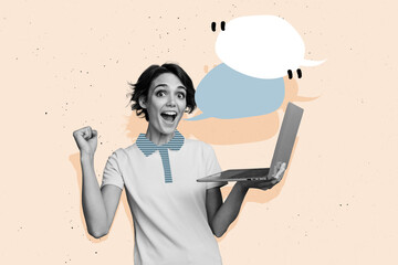 Composite photo collage of happy girl hold laptop receive sms victory text box communication monologue isolated on painted background