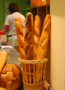 Baguettes displayed in a bakery in Spain..