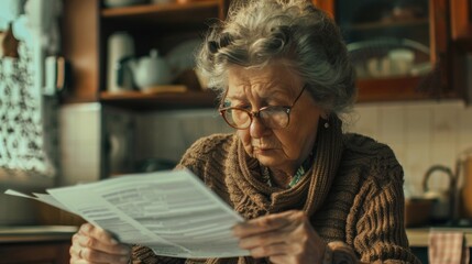 An elderly woman with glasses reading documents attentively in a home kitchen setting.