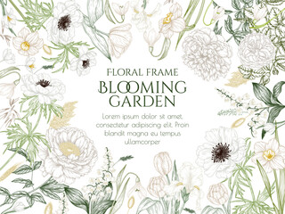 Vector frame of white flowers. Narcissus, peony, rose, iris, snowdrop, crocus, lily of the valley, anemone, tulip © Viktoriia Holovko