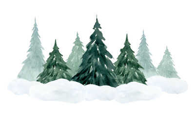 Obraz premium Fir trees on snow in spruce forest watercolor illustration isolated on white for winter holidays horizontal banner and north landscape designs
