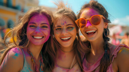 Three women during a festival of colors - 782014512