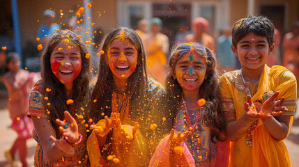 Group of Indian children among colorful powder - 782014549